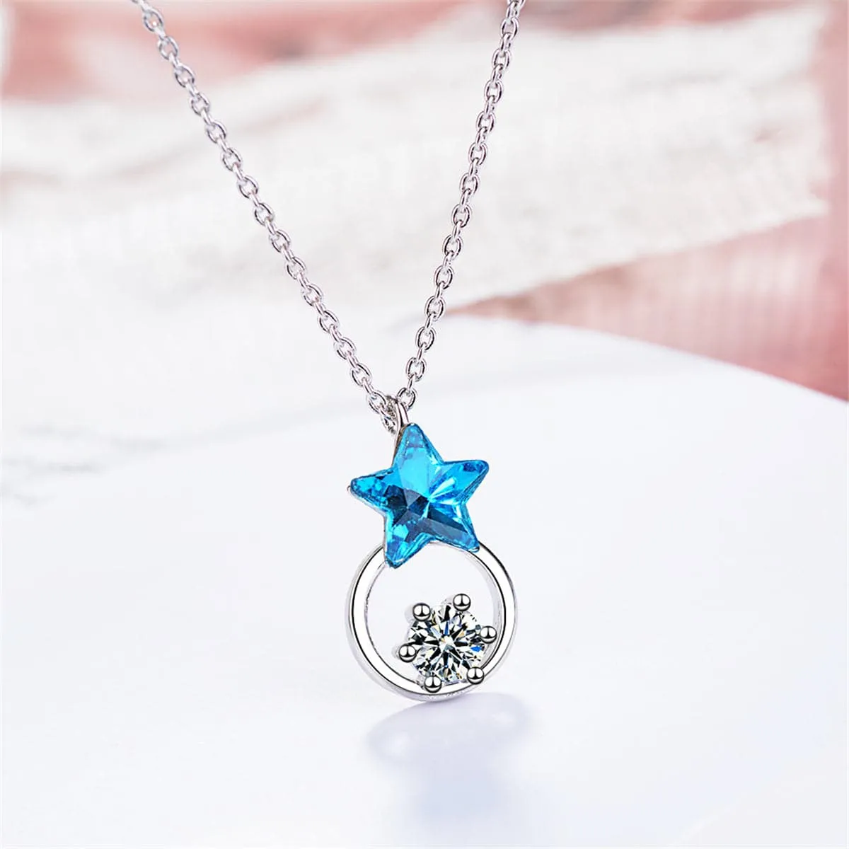 Blue Crystal & Cubic Zirconia Star Ring Pendant Necklace