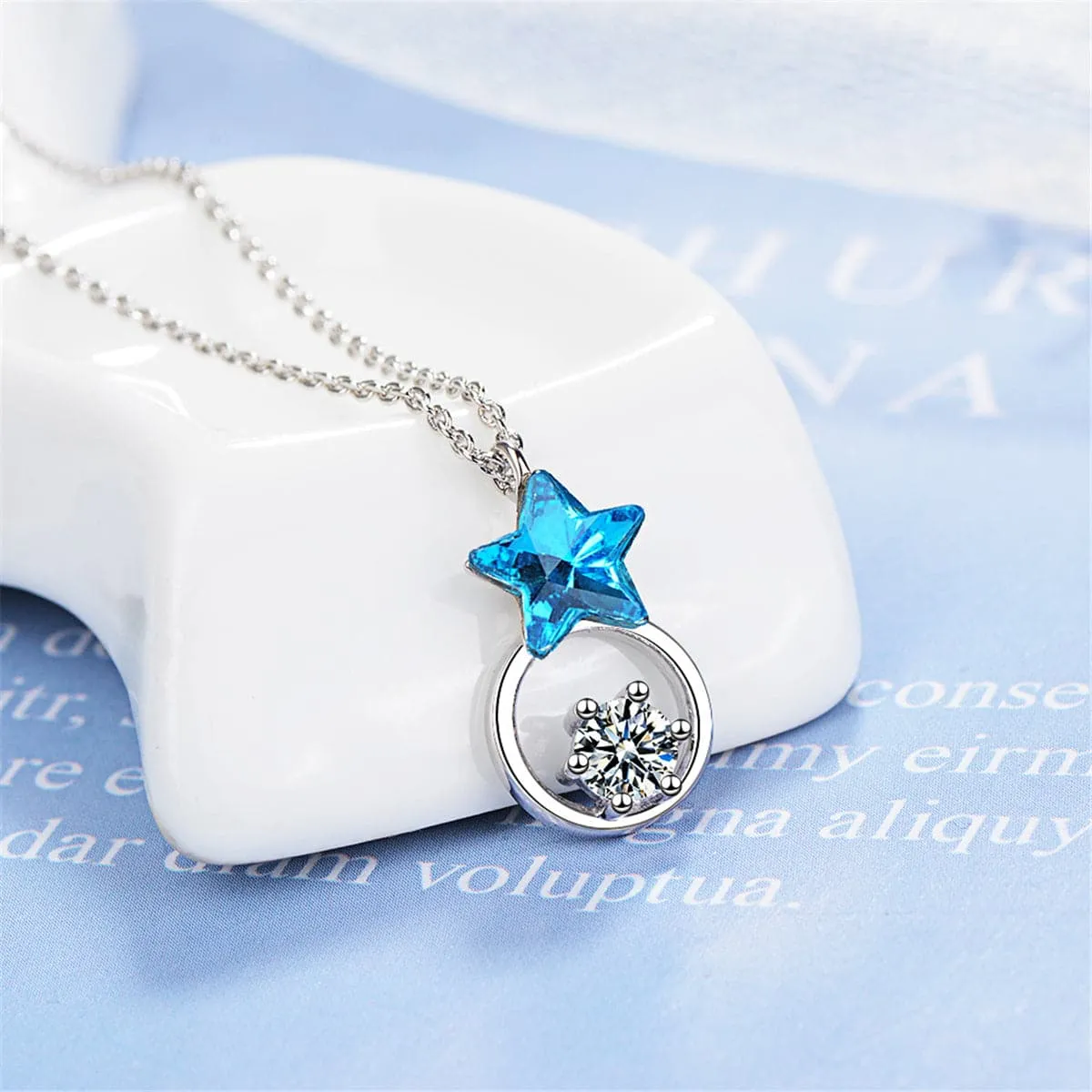 Blue Crystal & Cubic Zirconia Star Ring Pendant Necklace