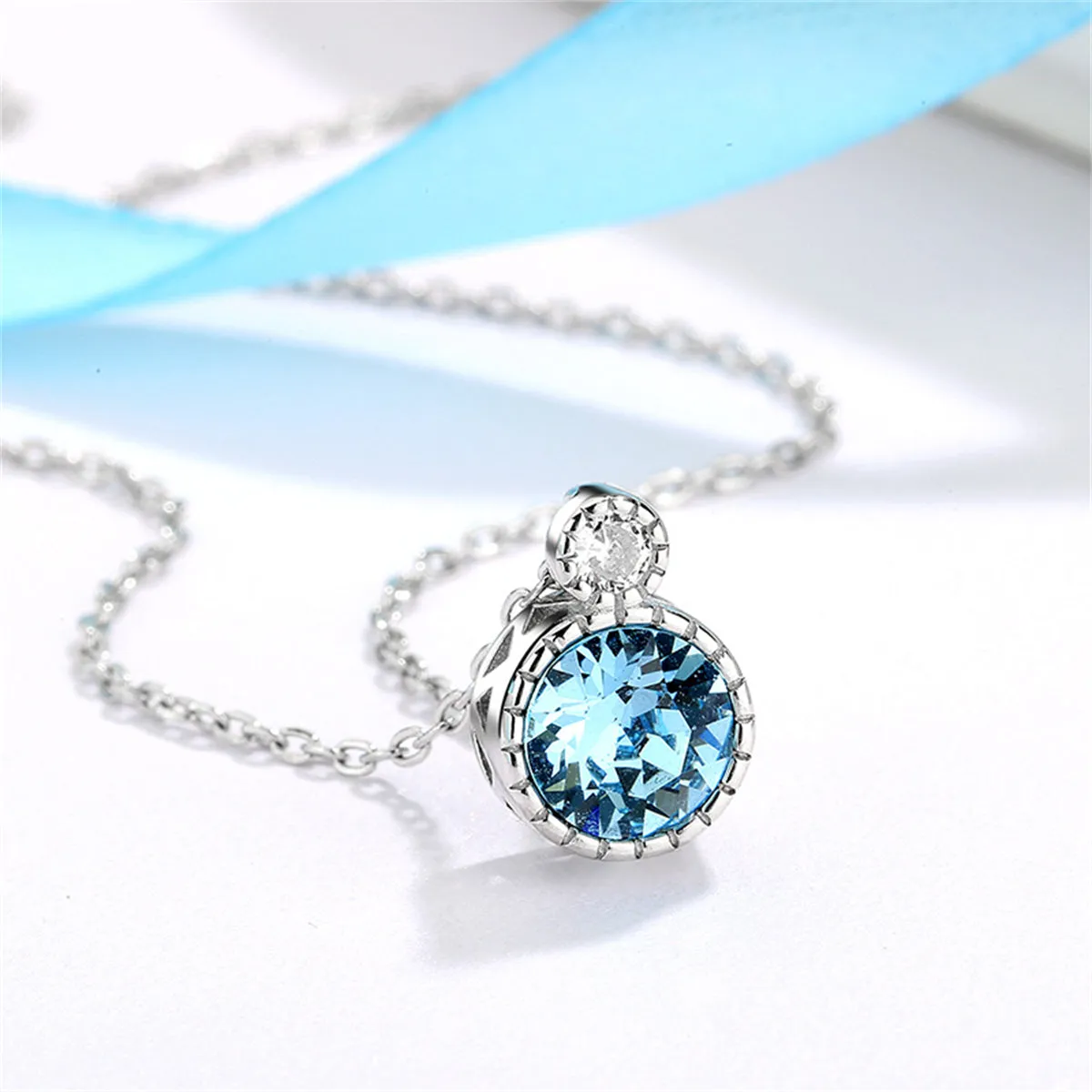 Blue Crystal & Silver-Plated Round Pendant Necklace