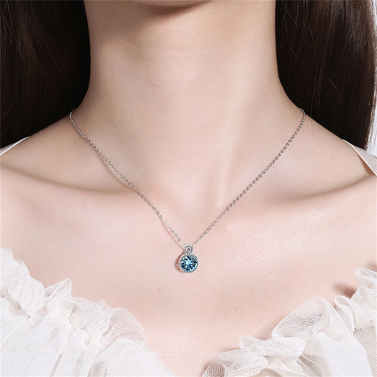 Blue Crystal & Silver-Plated Round Pendant Necklace