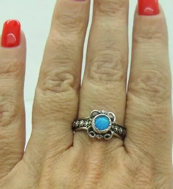 Blue Opal Ring size 8 Sterling 925 Silver Handmade Hadar Designers () LAST
