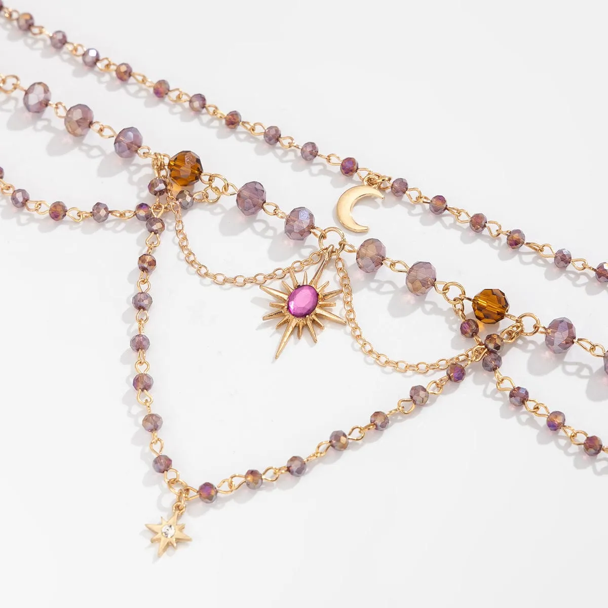 Bohemia Layered Sun Moon Star Pendant Crystal Chain Necklace