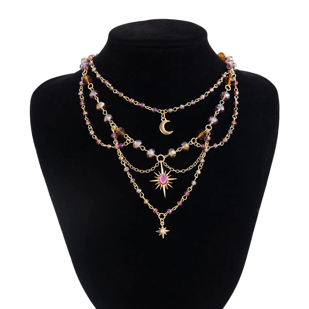 Bohemia Layered Sun Moon Star Pendant Crystal Chain Necklace