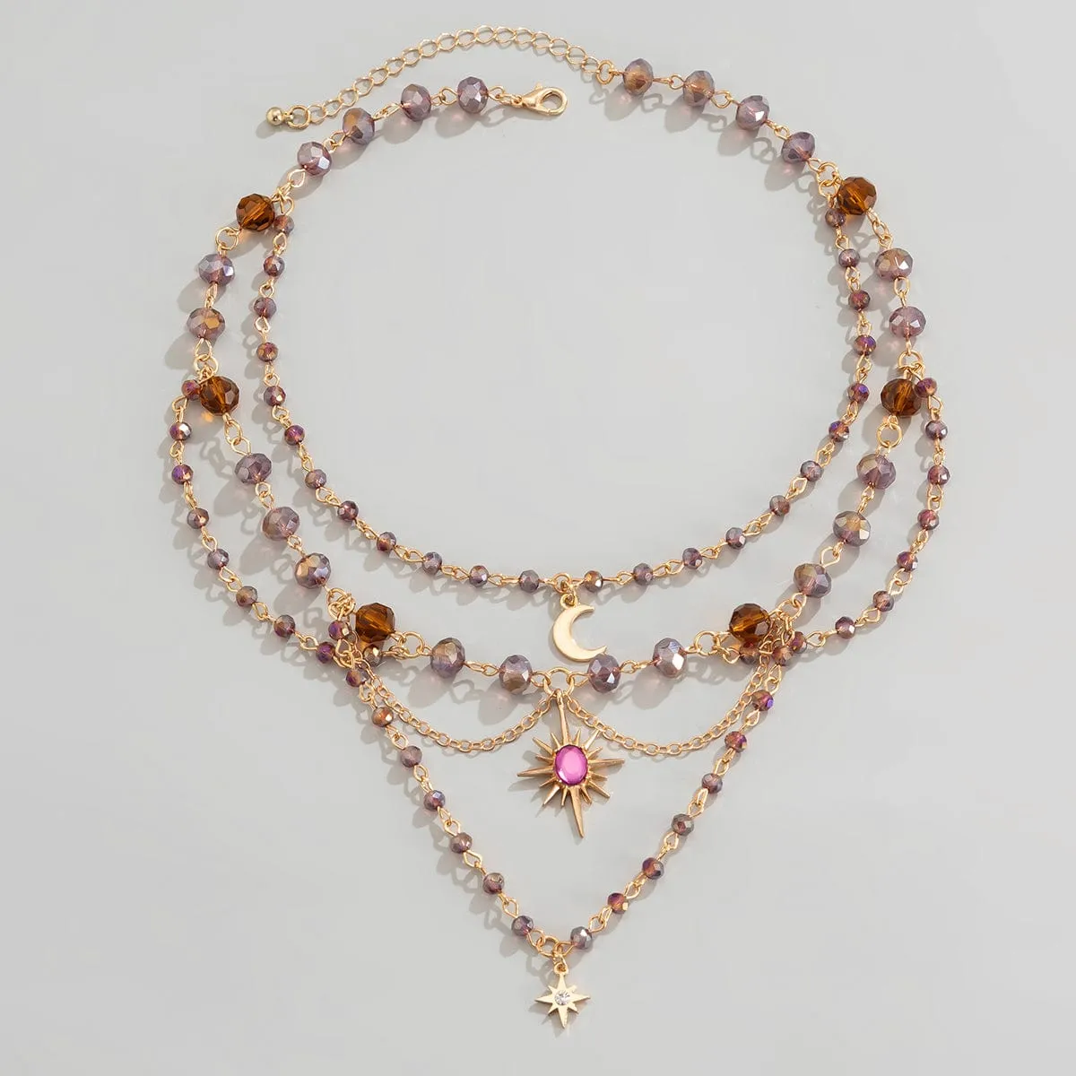 Bohemia Layered Sun Moon Star Pendant Crystal Chain Necklace