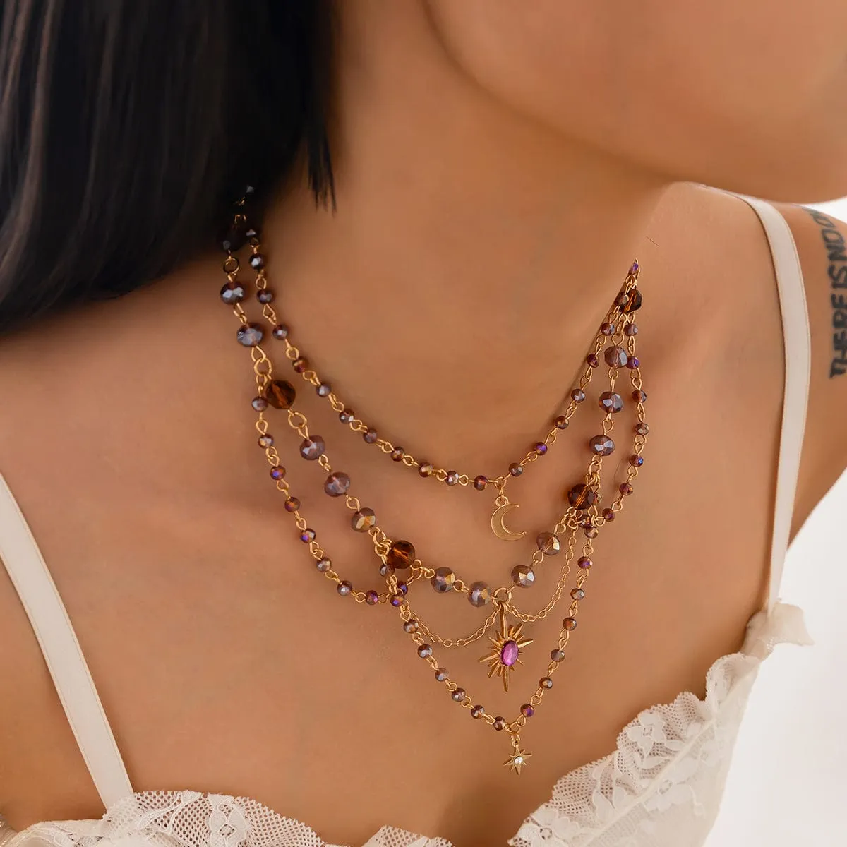 Bohemia Layered Sun Moon Star Pendant Crystal Chain Necklace
