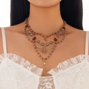 Bohemia Layered Sun Moon Star Pendant Crystal Chain Necklace