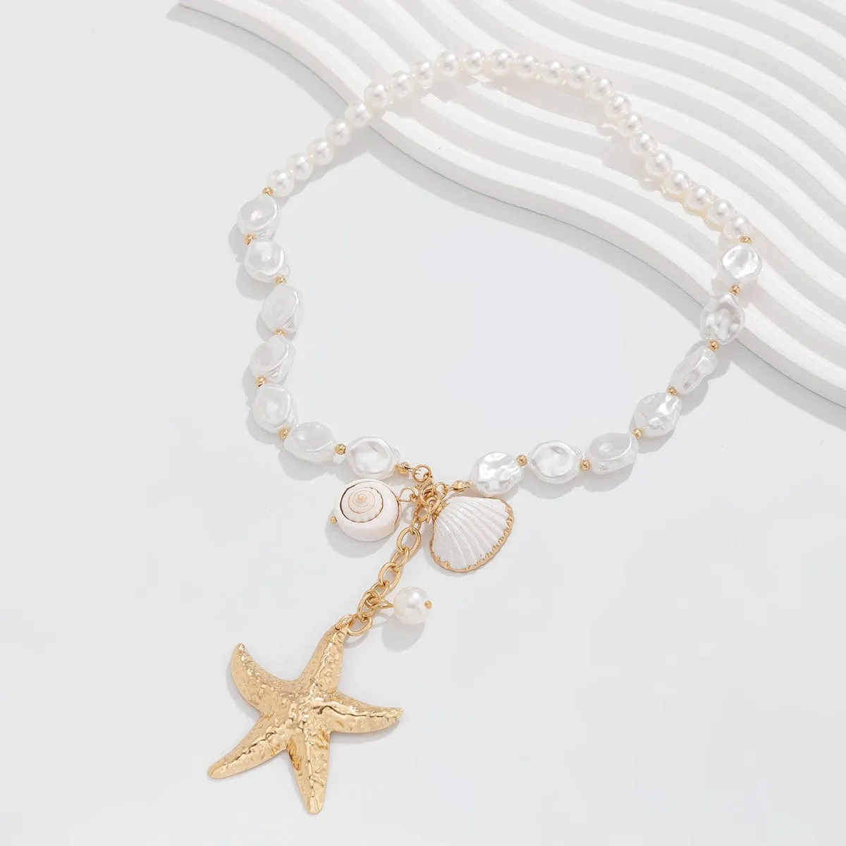 Bohemia Starfish Conch Pendant Pearl Chain Necklace