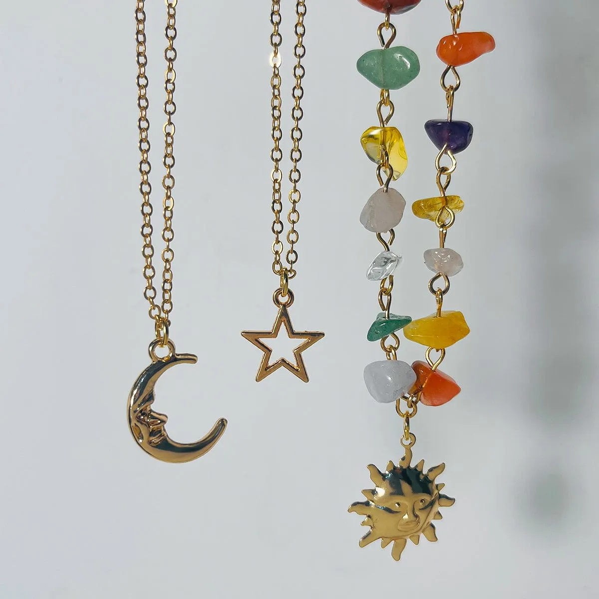 Boho 3Pcs Sun Moon Star Pendant Colorful Turquoise Stone Necklace Set