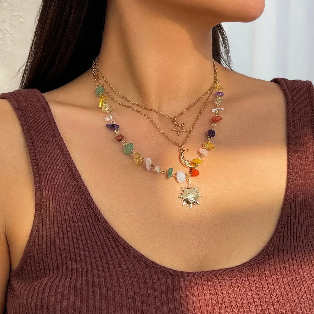 Boho 3Pcs Sun Moon Star Pendant Colorful Turquoise Stone Necklace Set