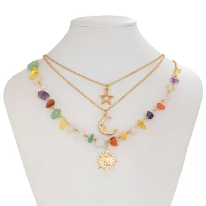 Boho 3Pcs Sun Moon Star Pendant Colorful Turquoise Stone Necklace Set