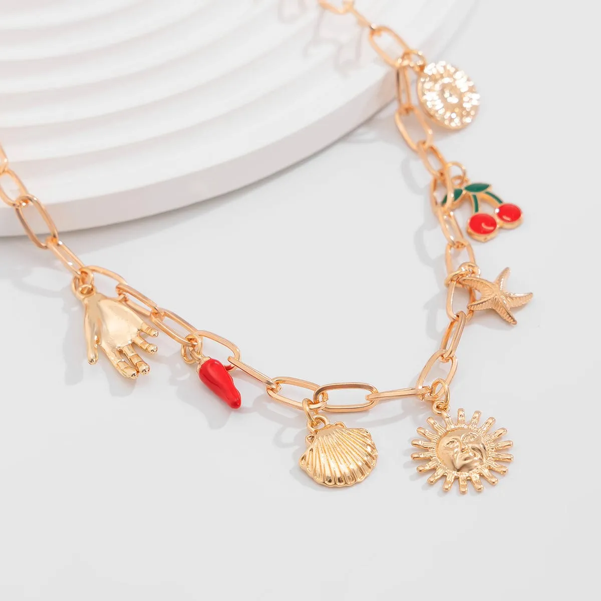 Boho Enamel Cherry Sun Starfish Shell Pendant Necklace