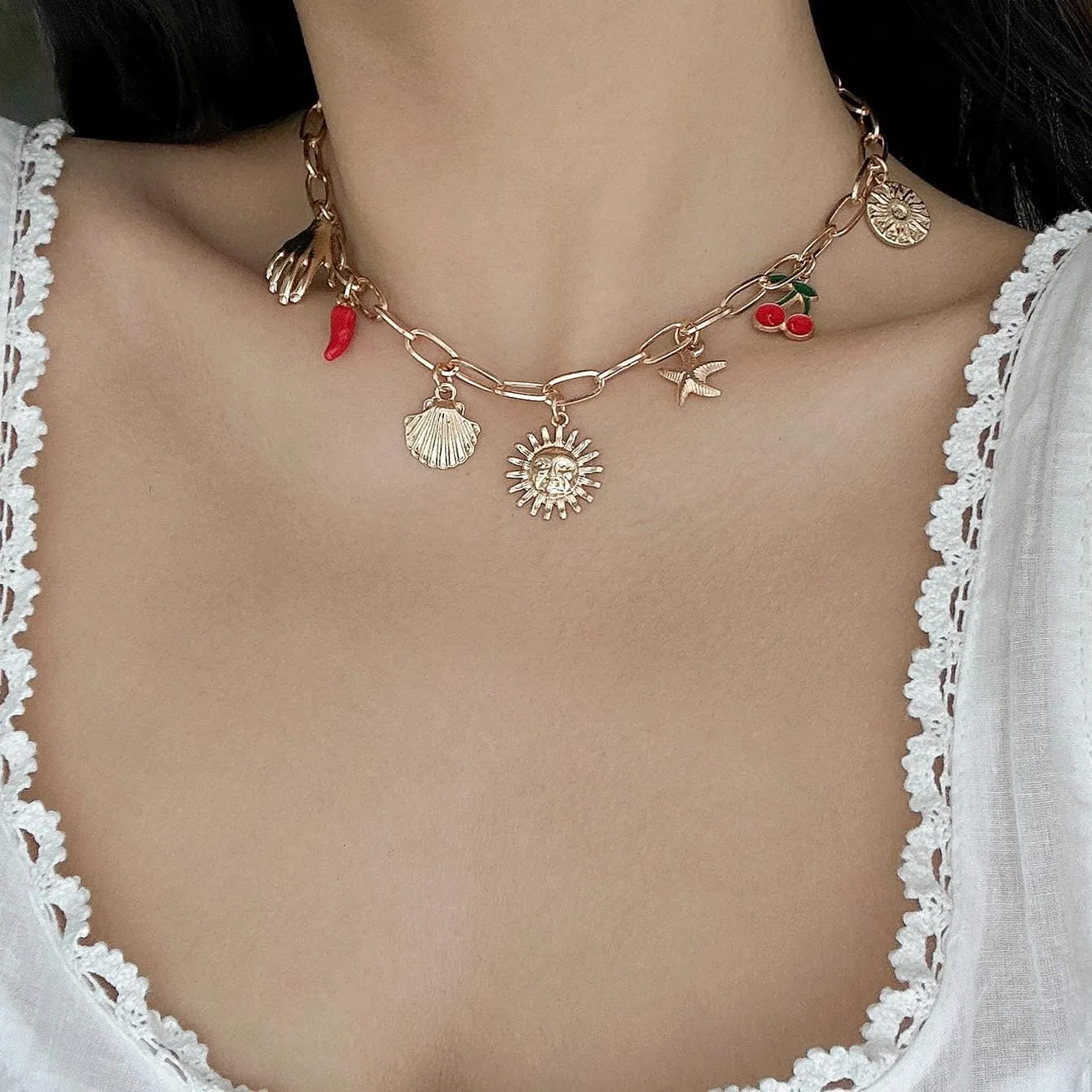 Boho Enamel Cherry Sun Starfish Shell Pendant Necklace