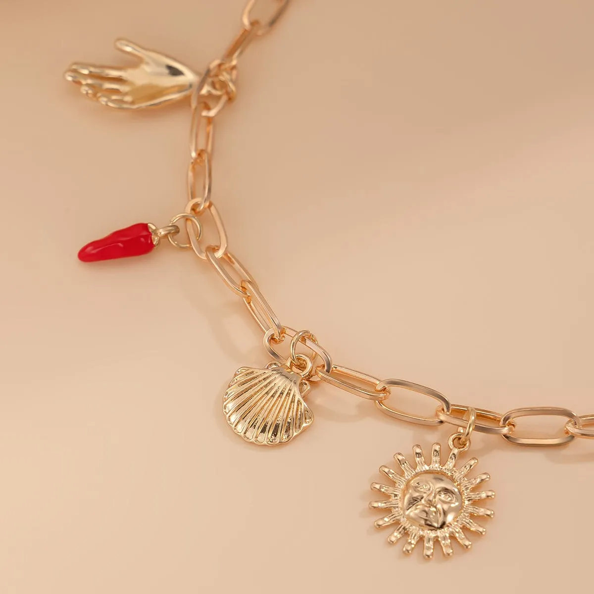 Boho Enamel Cherry Sun Starfish Shell Pendant Necklace