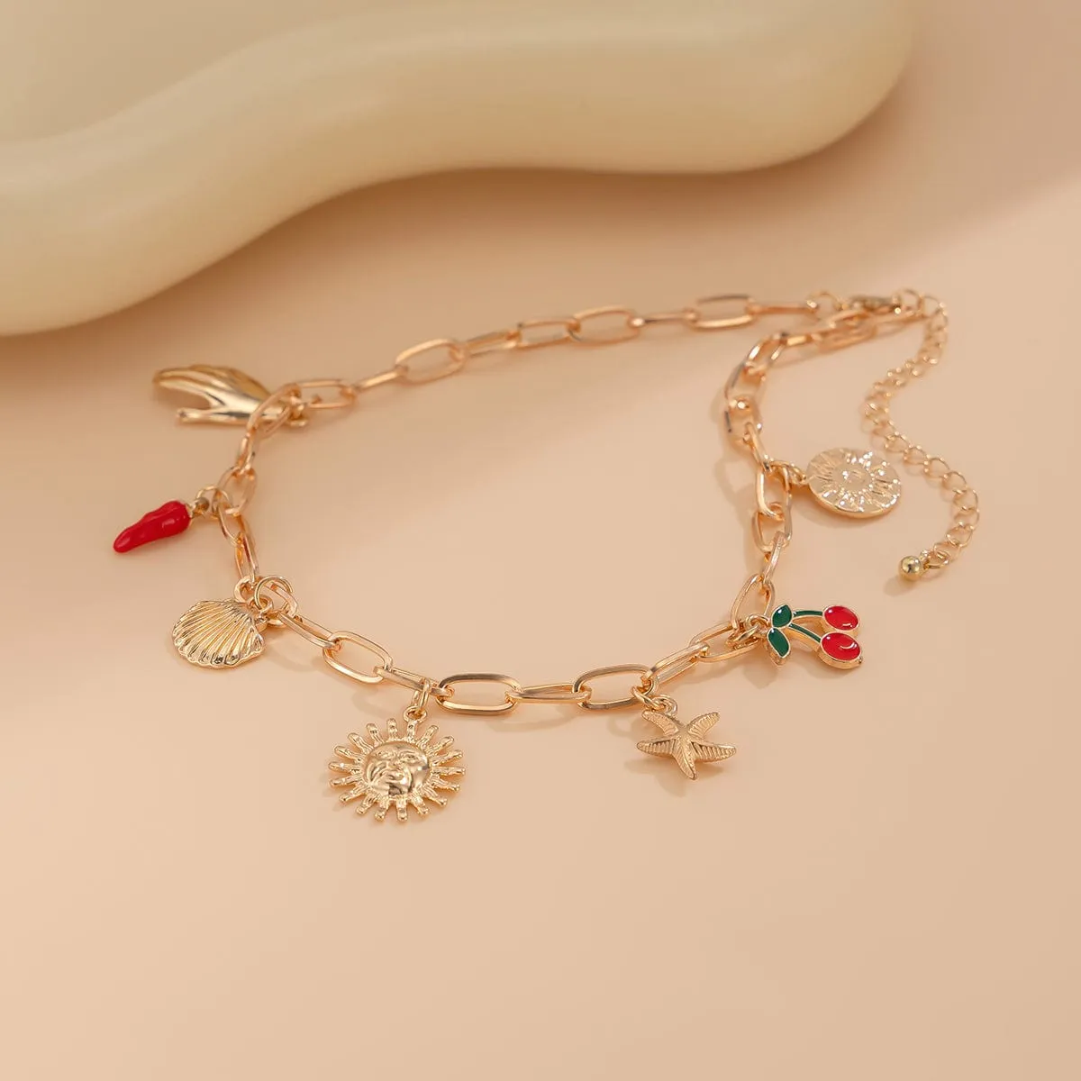 Boho Enamel Cherry Sun Starfish Shell Pendant Necklace