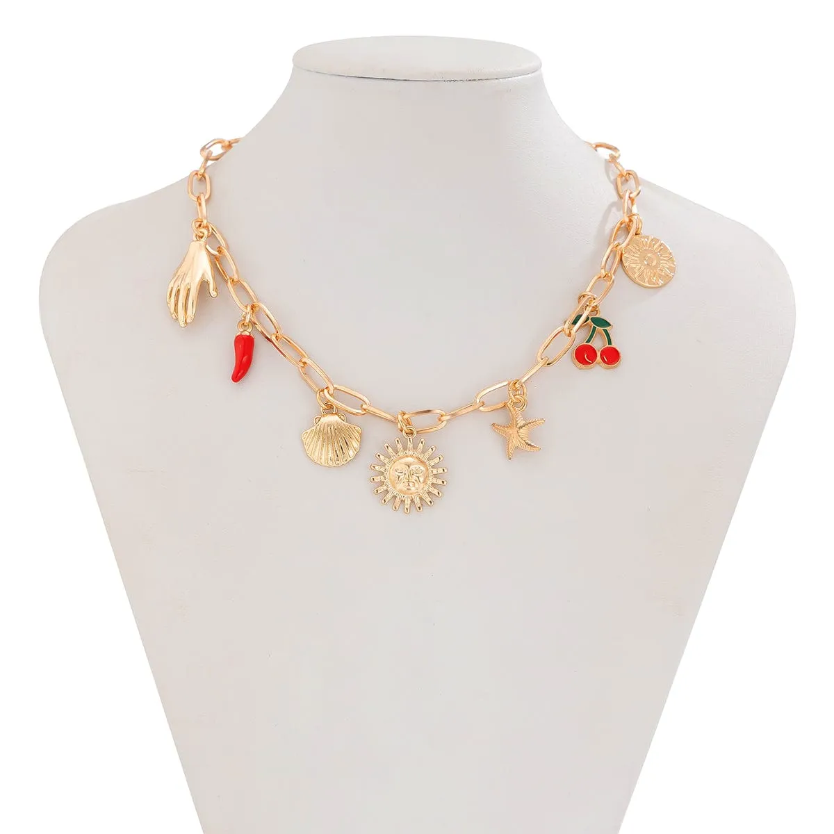 Boho Enamel Cherry Sun Starfish Shell Pendant Necklace