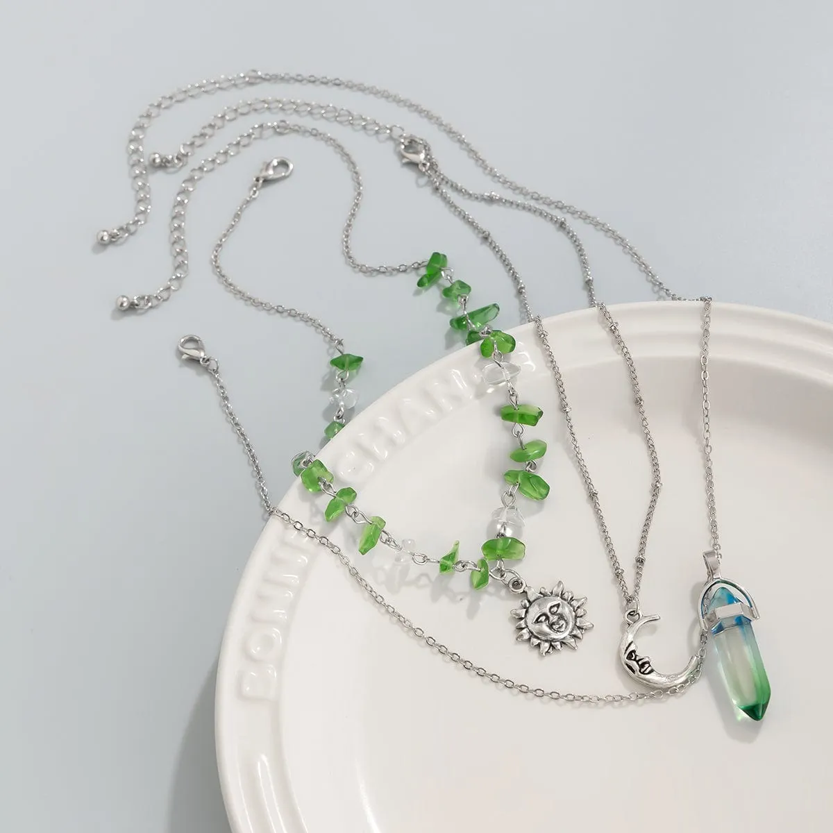 Boho Layered Healing Crystal Sun Moon Pendant Turquoise Stone Necklace Set