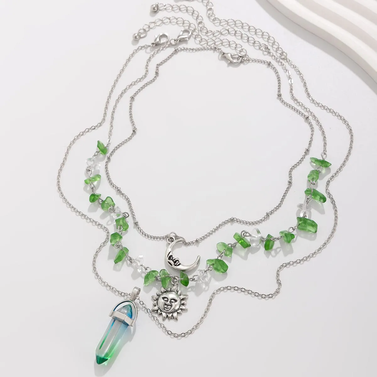Boho Layered Healing Crystal Sun Moon Pendant Turquoise Stone Necklace Set