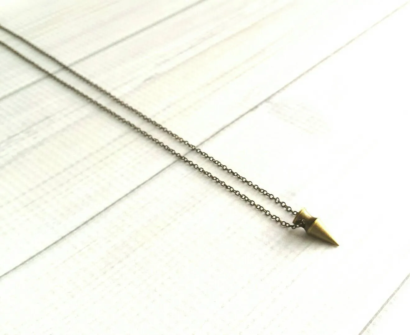 Brass Spike Necklace, bronze spike necklace, bullet necklace, dagger pendant, small spike pendant, delicate antique brass chain, minimalist