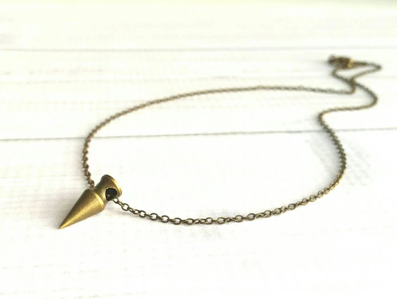 Brass Spike Necklace, bronze spike necklace, bullet necklace, dagger pendant, small spike pendant, delicate antique brass chain, minimalist