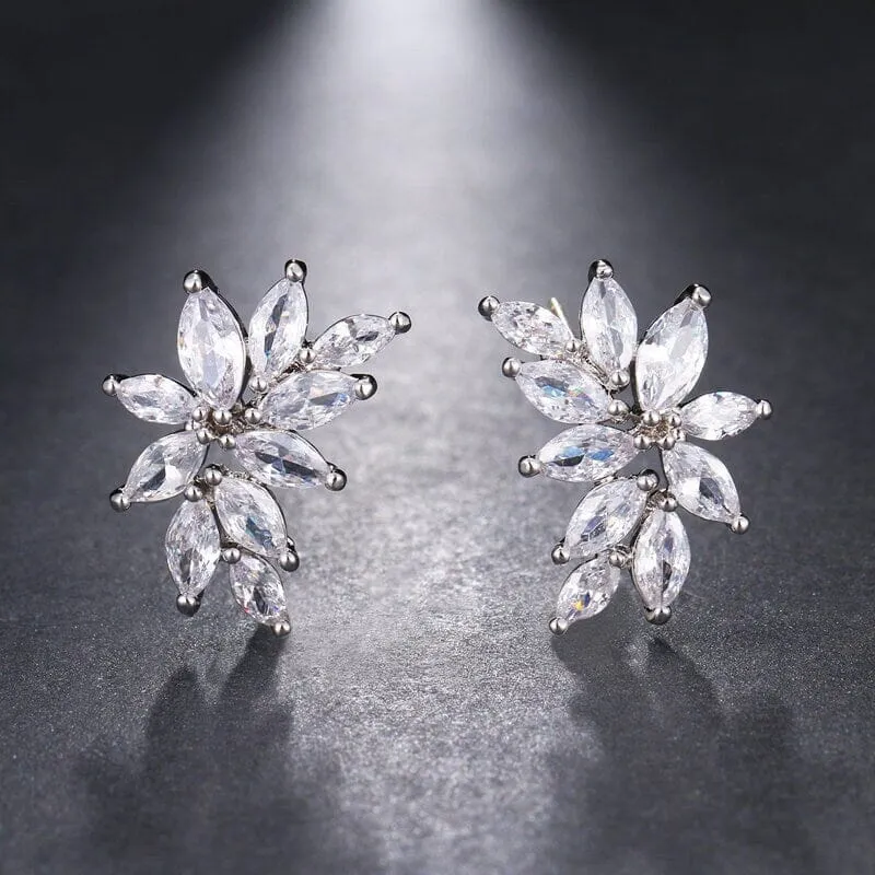 Bridal 14K Gold Plated Crystal Leaf Studs, Crystal CZ Gem Floral Earrings, Wedding Bridesmaid Earrings or Necklace