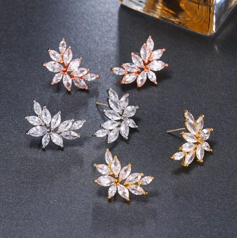Bridal 14K Gold Plated Crystal Leaf Studs, Crystal CZ Gem Floral Earrings, Wedding Bridesmaid Earrings or Necklace