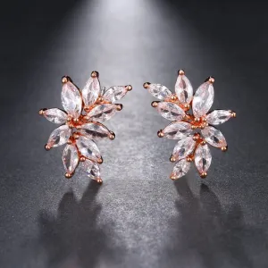 Bridal 14K Gold Plated Crystal Leaf Studs, Crystal CZ Gem Floral Earrings, Wedding Bridesmaid Earrings or Necklace