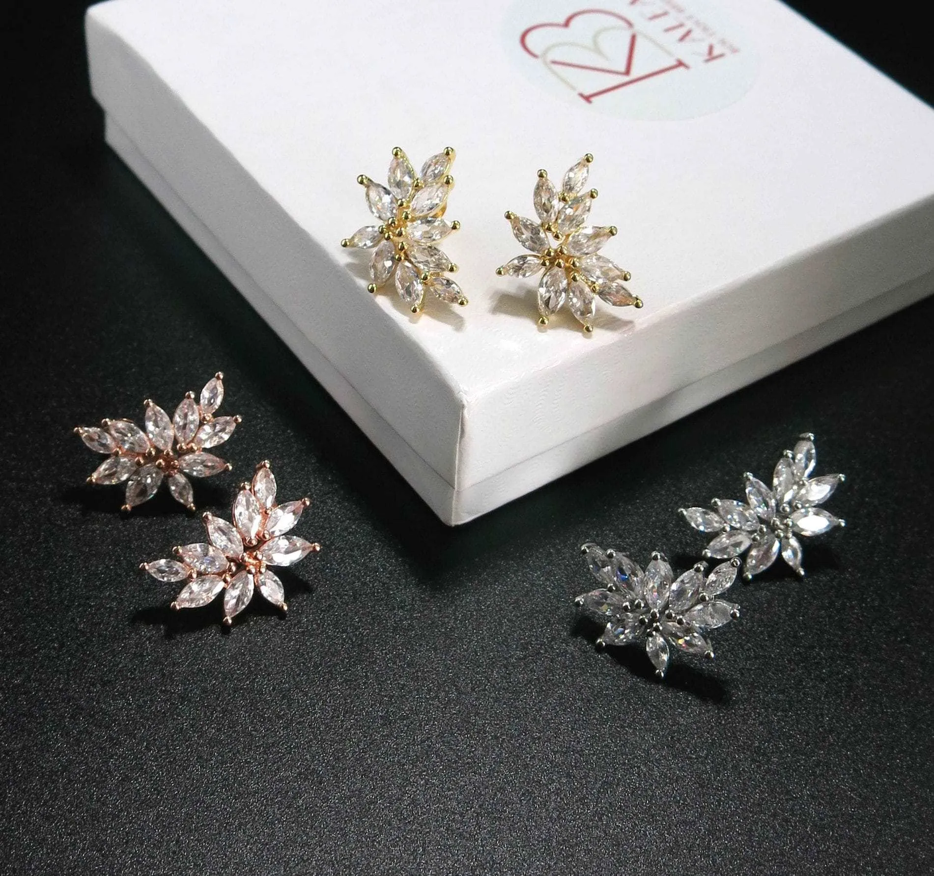 Bridal 14K Gold Plated Crystal Leaf Studs, Crystal CZ Gem Floral Earrings, Wedding Bridesmaid Earrings or Necklace
