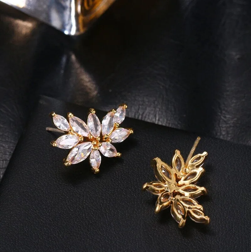 Bridal 14K Gold Plated Crystal Leaf Studs, Crystal CZ Gem Floral Earrings, Wedding Bridesmaid Earrings or Necklace