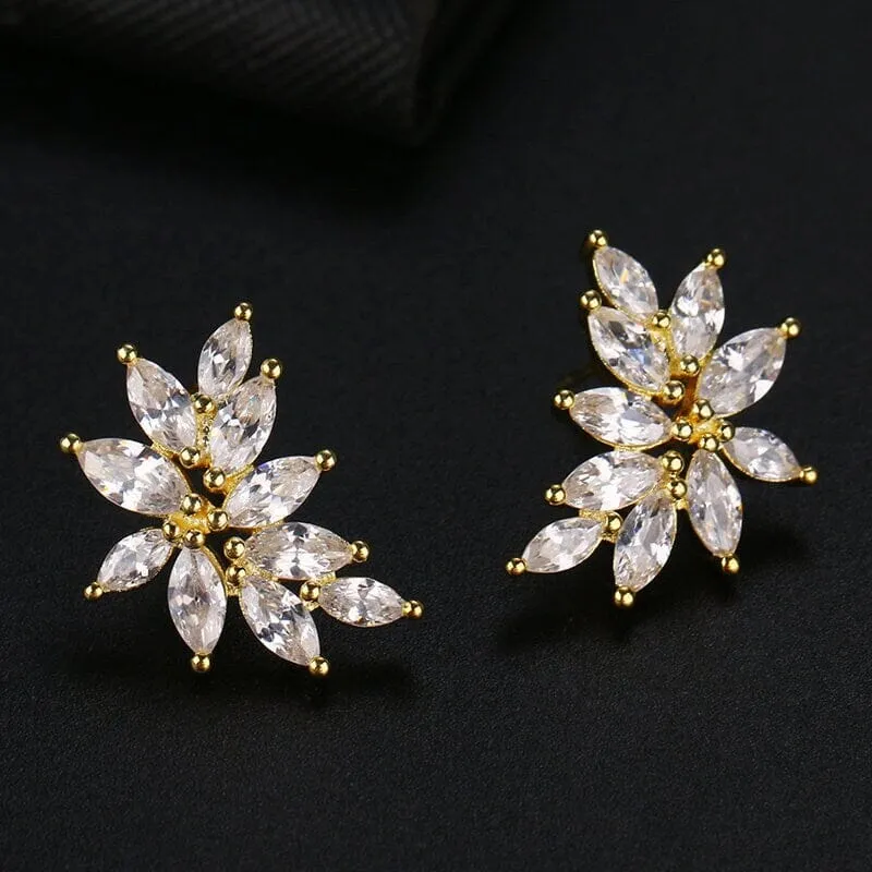 Bridal 14K Gold Plated Crystal Leaf Studs, Crystal CZ Gem Floral Earrings, Wedding Bridesmaid Earrings or Necklace
