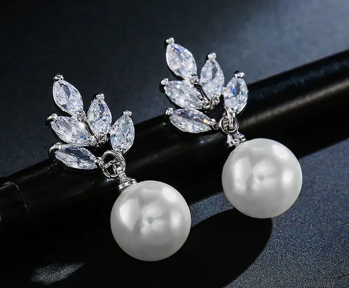 Bridesmaid Pearl Drop Necklace and Earring 3 PC Jewelry Set, Bridal 14K Gold Plated Crystal CZ Gem Pendant Necklace