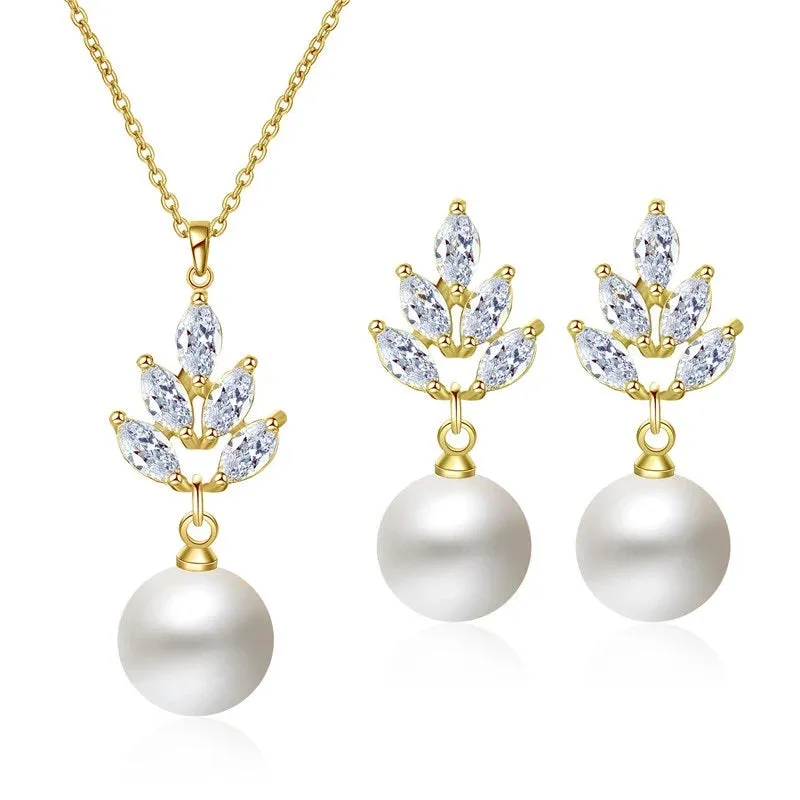 Bridesmaid Pearl Drop Necklace and Earring 3 PC Jewelry Set, Bridal 14K Gold Plated Crystal CZ Gem Pendant Necklace
