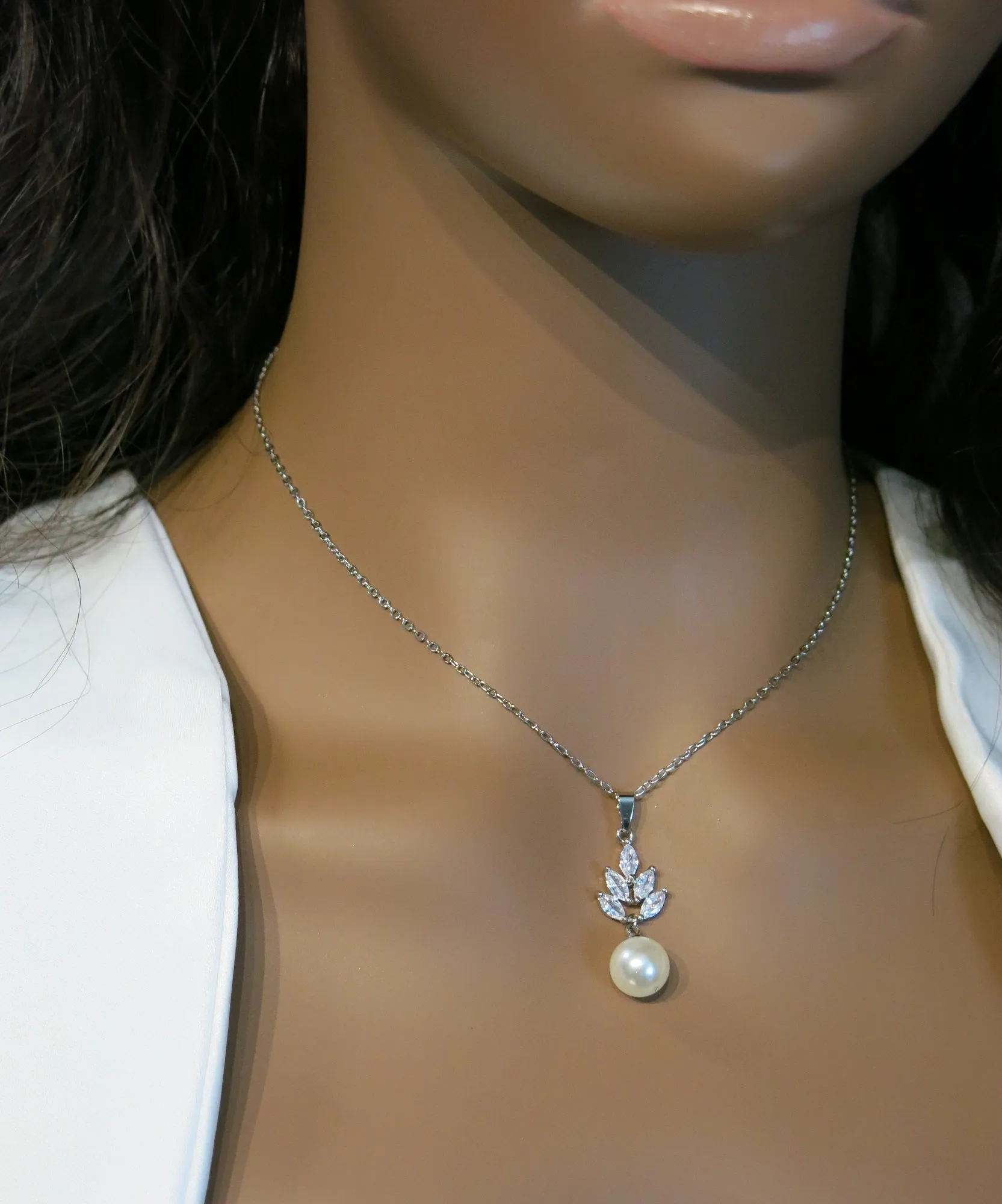 Bridesmaid Pearl Drop Necklace and Earring 3 PC Jewelry Set, Bridal 14K Gold Plated Crystal CZ Gem Pendant Necklace