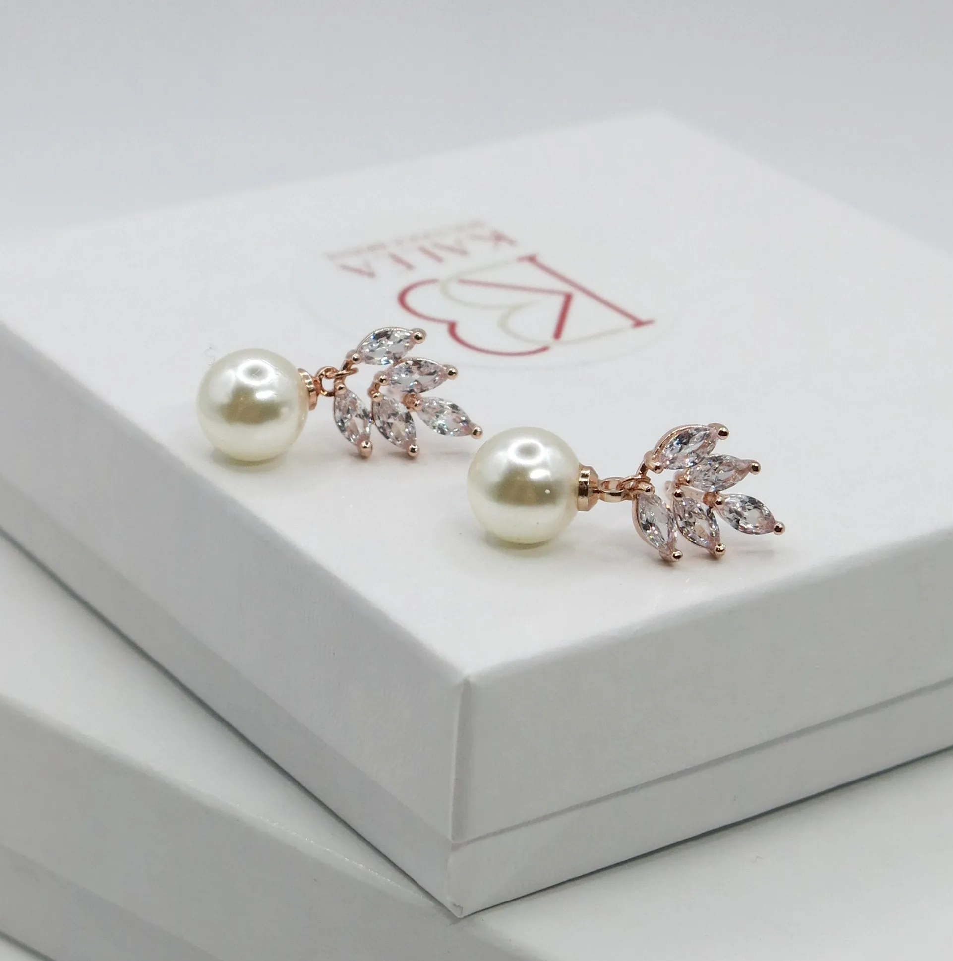 Bridesmaid Pearl Drop Necklace and Earring 3 PC Jewelry Set, Bridal 14K Gold Plated Crystal CZ Gem Pendant Necklace