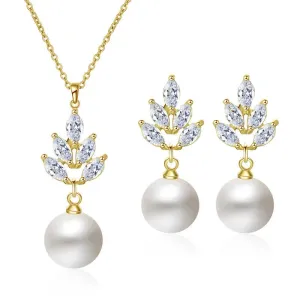 Bridesmaid Pearl Drop Necklace and Earring 3 PC Jewelry Set, Bridal 14K Gold Plated Crystal CZ Gem Pendant Necklace