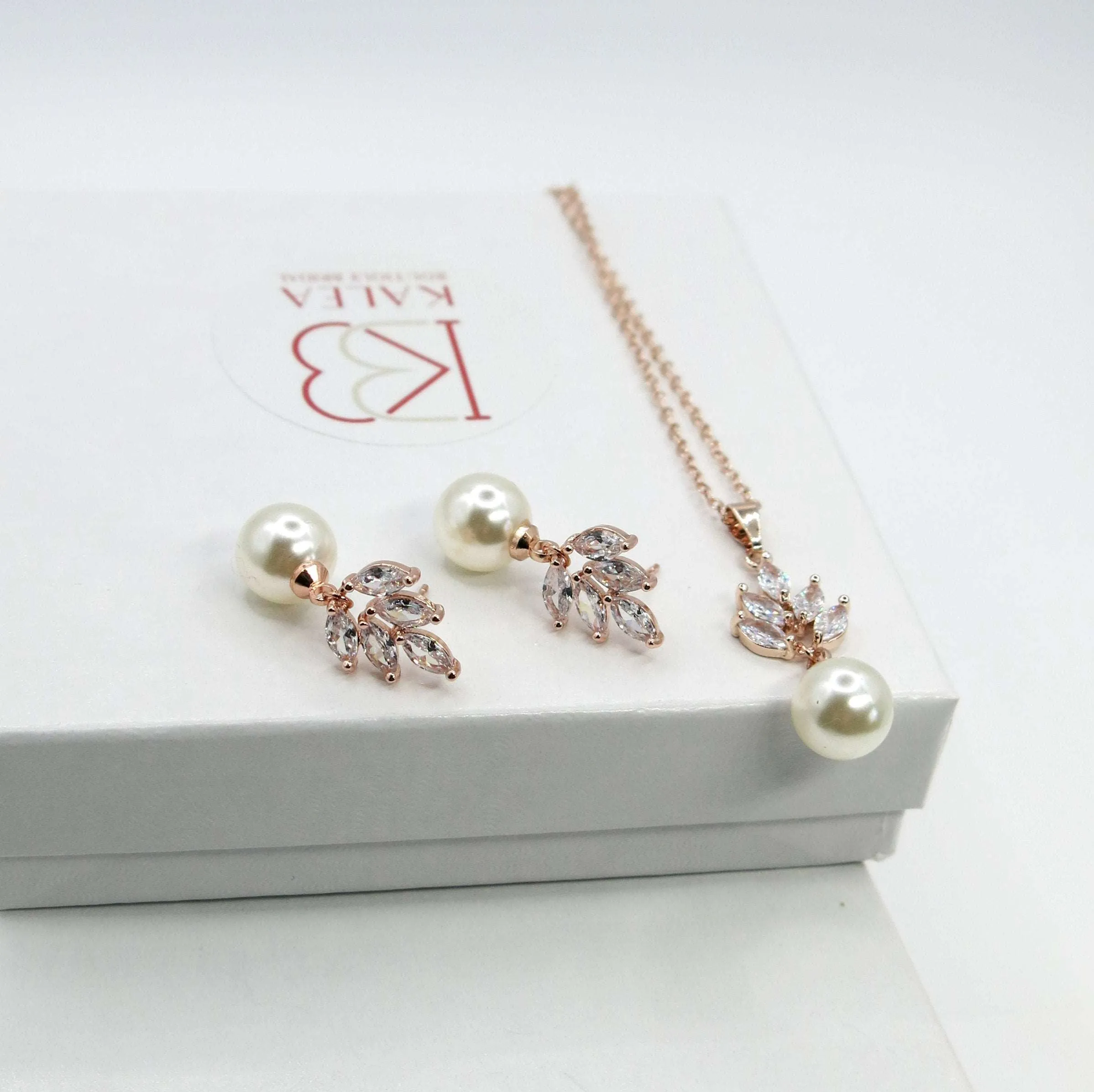 Bridesmaid Pearl Drop Necklace and Earring 3 PC Jewelry Set, Bridal 14K Gold Plated Crystal CZ Gem Pendant Necklace