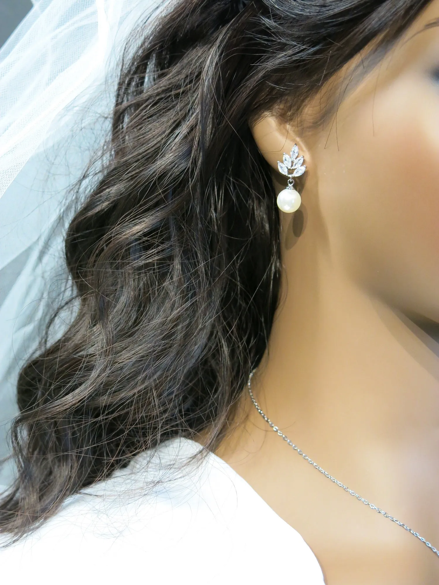 Bridesmaid Pearl Drop Necklace and Earring 3 PC Jewelry Set, Bridal 14K Gold Plated Crystal CZ Gem Pendant Necklace