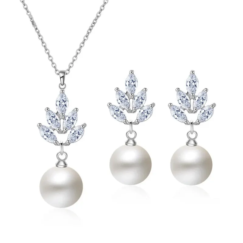 Bridesmaid Pearl Drop Necklace and Earring 3 PC Jewelry Set, Bridal 14K Gold Plated Crystal CZ Gem Pendant Necklace