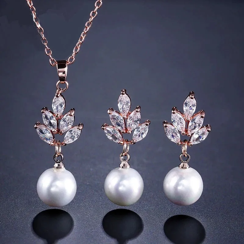 Bridesmaid Pearl Drop Necklace and Earring 3 PC Jewelry Set, Bridal 14K Gold Plated Crystal CZ Gem Pendant Necklace