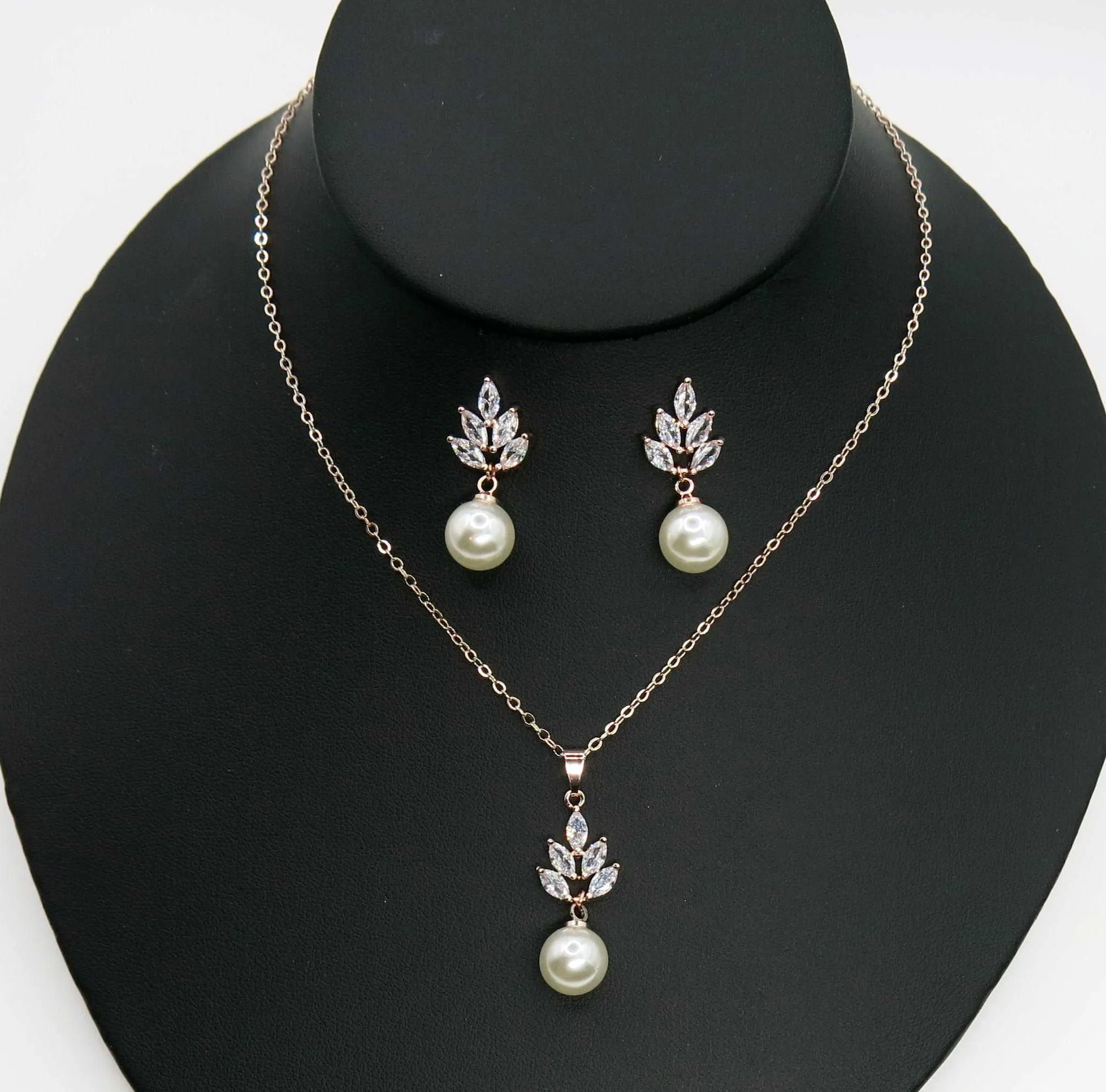 Bridesmaid Pearl Drop Necklace and Earring 3 PC Jewelry Set, Bridal 14K Gold Plated Crystal CZ Gem Pendant Necklace