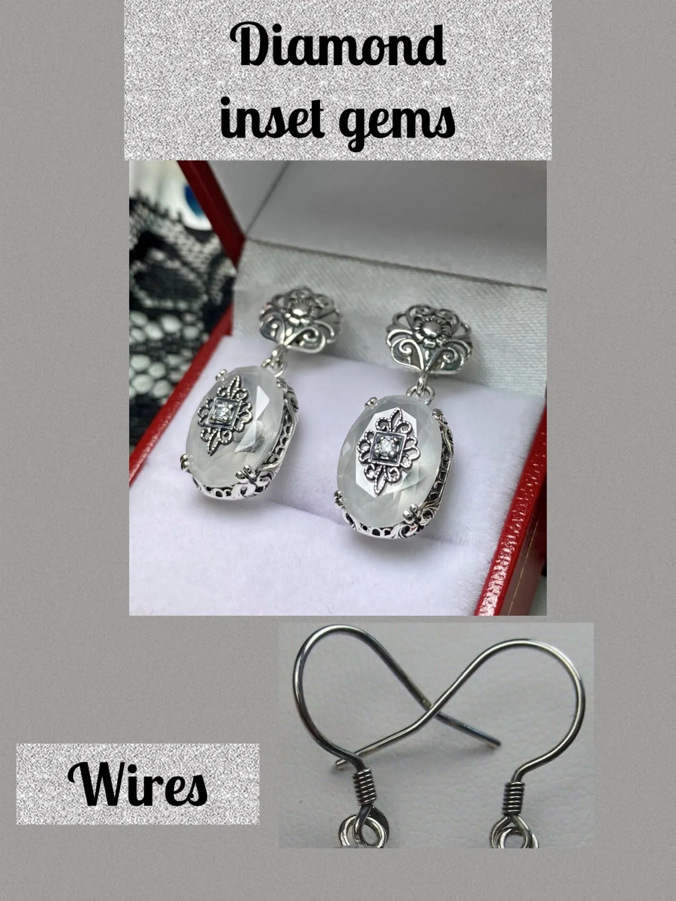 Camphor Glass Earrings, Optional Necklace, Sterling Silver Embellishment, Vintage Edwardian Jewelry #E70e