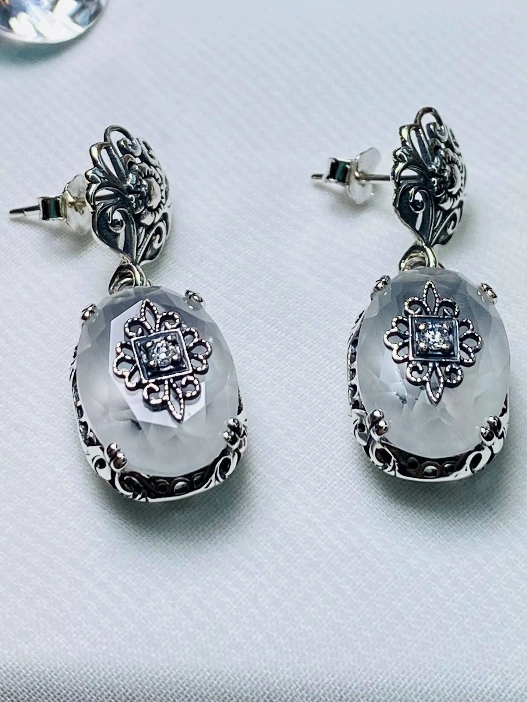 Camphor Glass Earrings, Optional Necklace, Sterling Silver Embellishment, Vintage Edwardian Jewelry #E70e