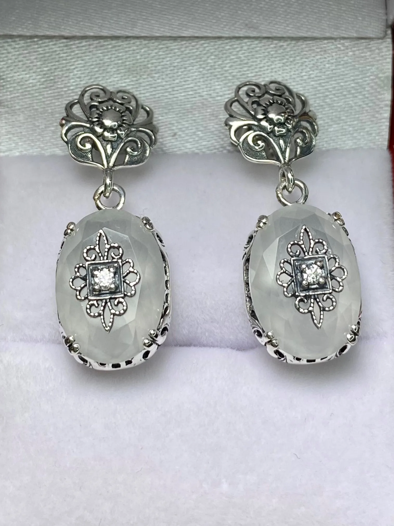 Camphor Glass Earrings, Optional Necklace, Sterling Silver Embellishment, Vintage Edwardian Jewelry #E70e