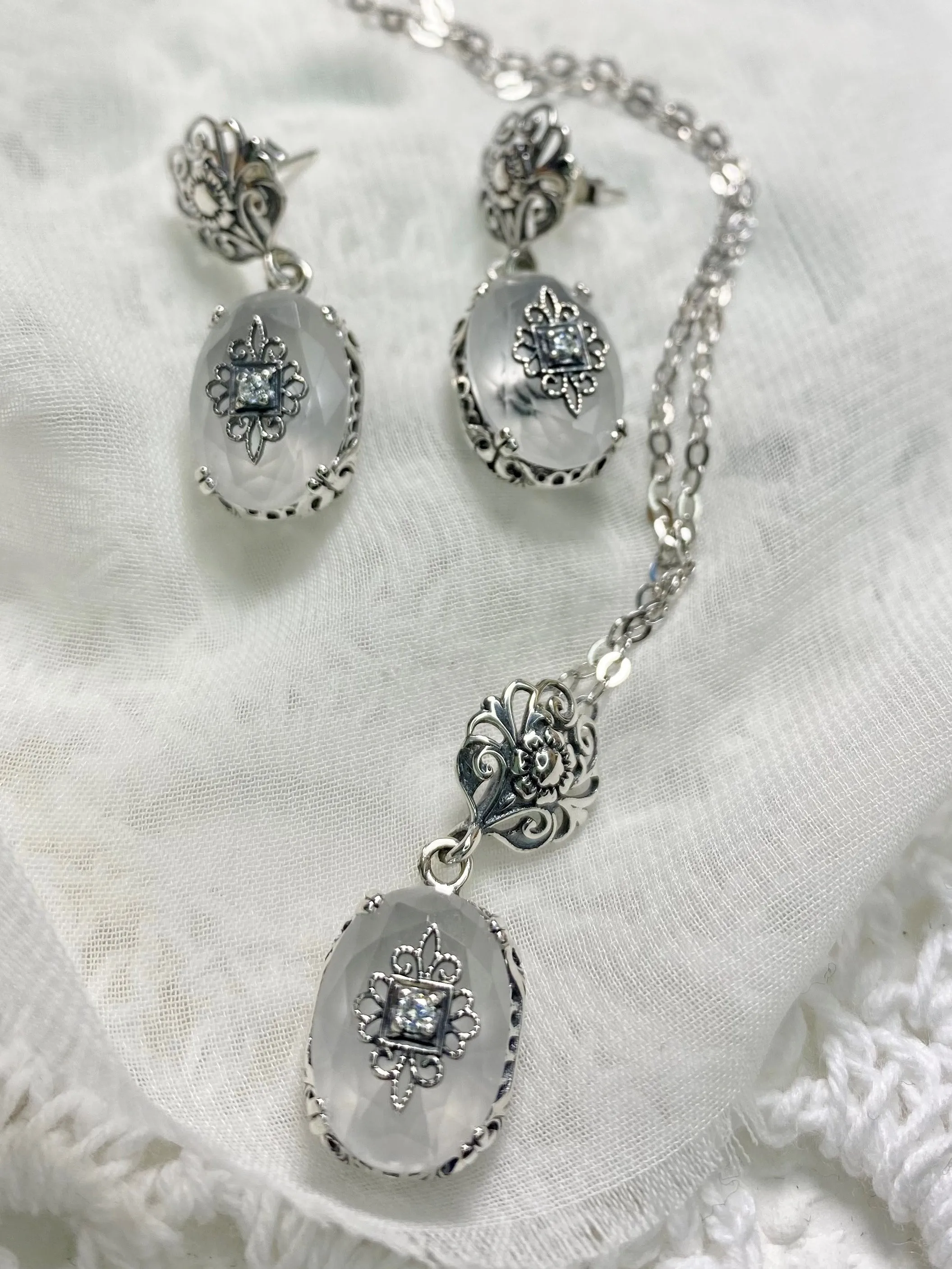 Camphor Glass Earrings, Optional Necklace, Sterling Silver Embellishment, Vintage Edwardian Jewelry #E70e