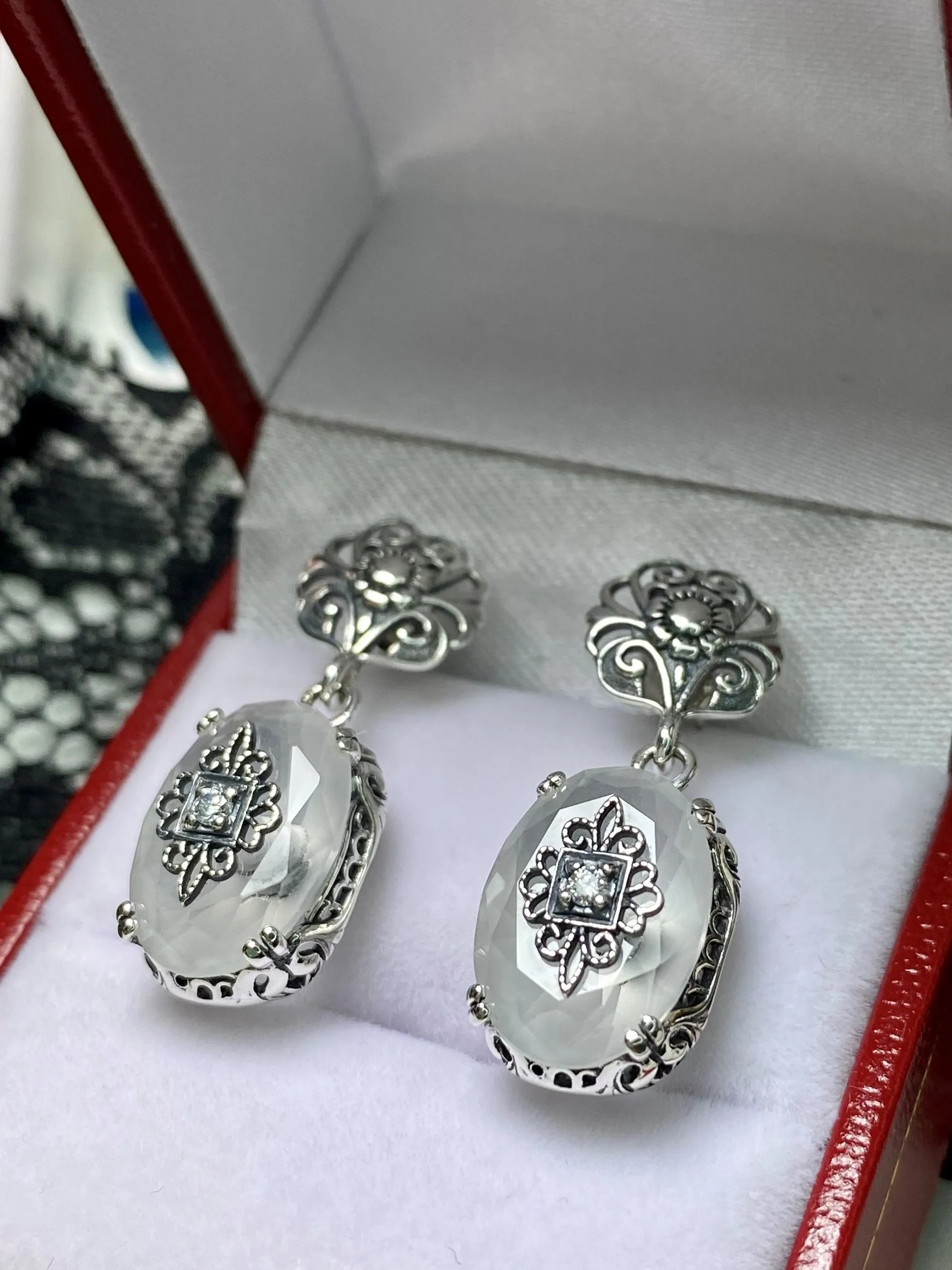 Camphor Glass Earrings, Optional Necklace, Sterling Silver Embellishment, Vintage Edwardian Jewelry #E70e