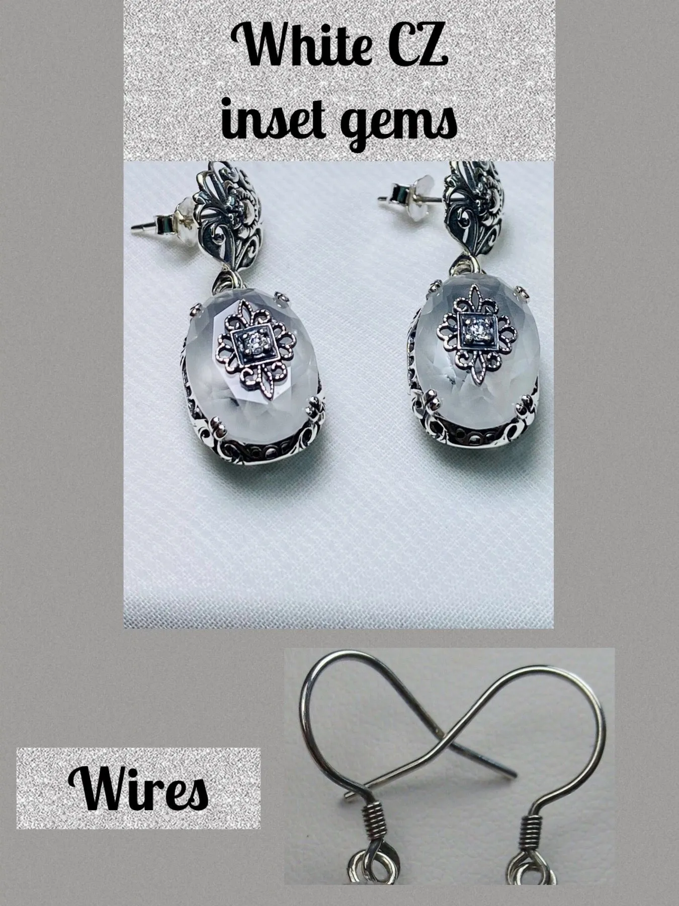 Camphor Glass Earrings, Optional Necklace, Sterling Silver Embellishment, Vintage Edwardian Jewelry #E70e