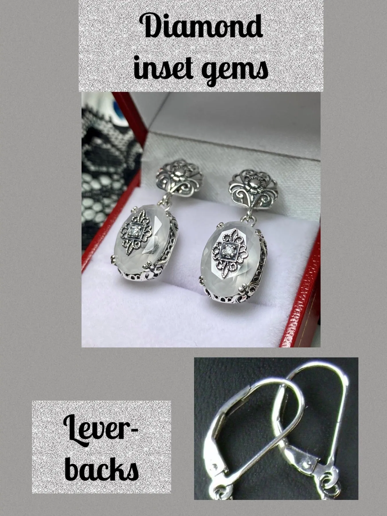 Camphor Glass Earrings, Optional Necklace, Sterling Silver Embellishment, Vintage Edwardian Jewelry #E70e