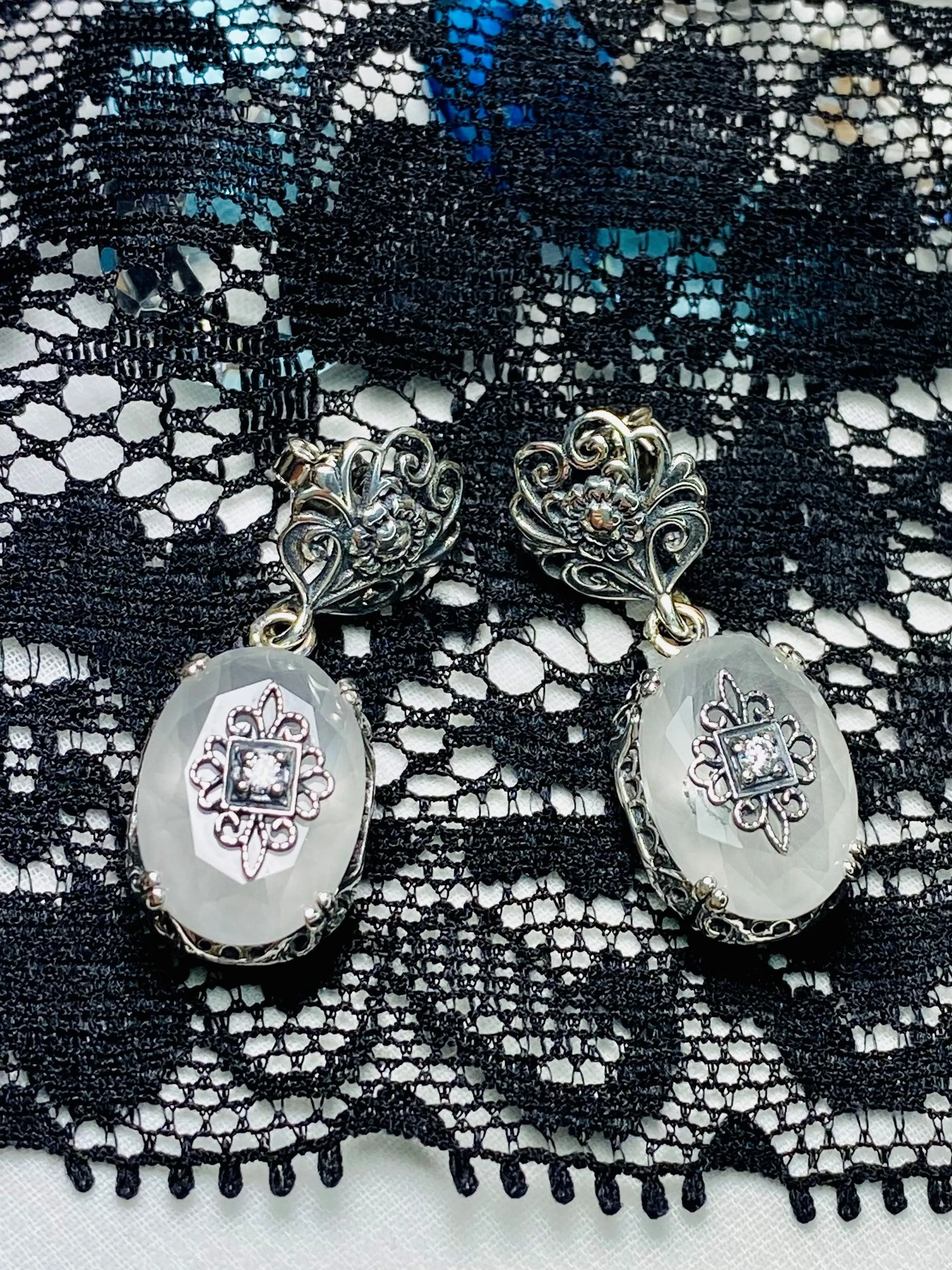 Camphor Glass Earrings, Optional Necklace, Sterling Silver Embellishment, Vintage Edwardian Jewelry #E70e
