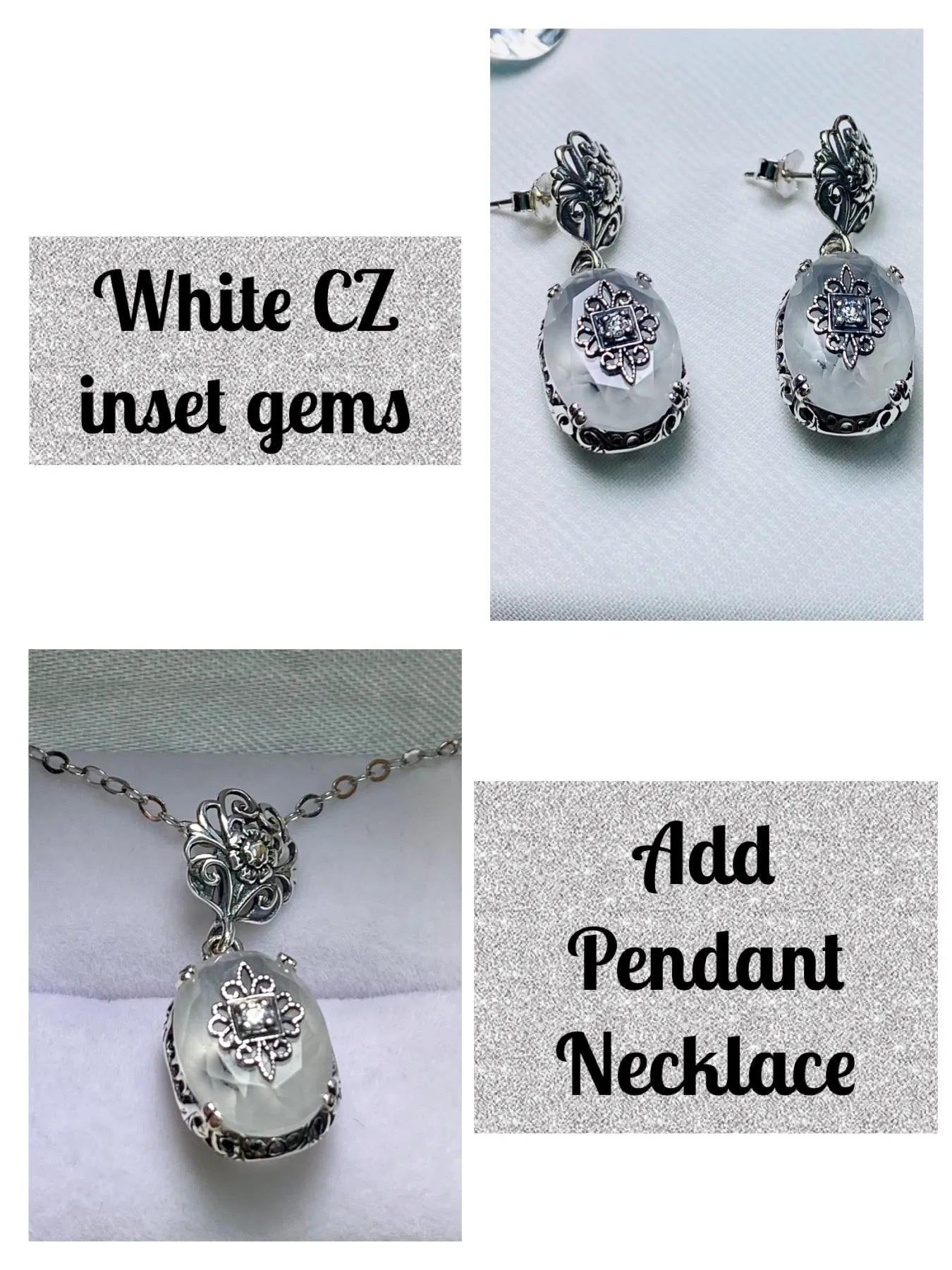 Camphor Glass Earrings, Optional Necklace, Sterling Silver Embellishment, Vintage Edwardian Jewelry #E70e
