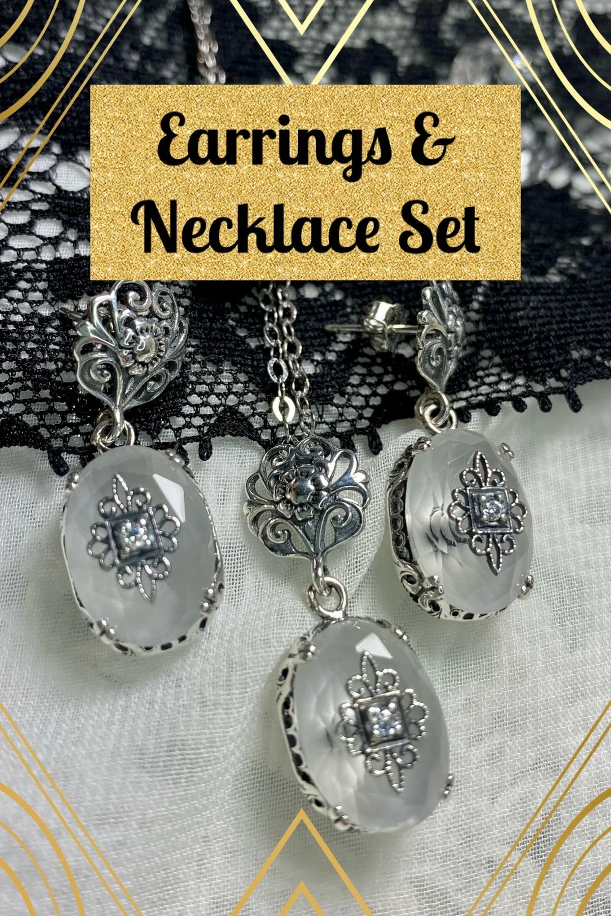 Camphor Glass Earrings, Optional Necklace, Sterling Silver Embellishment, Vintage Edwardian Jewelry #E70e