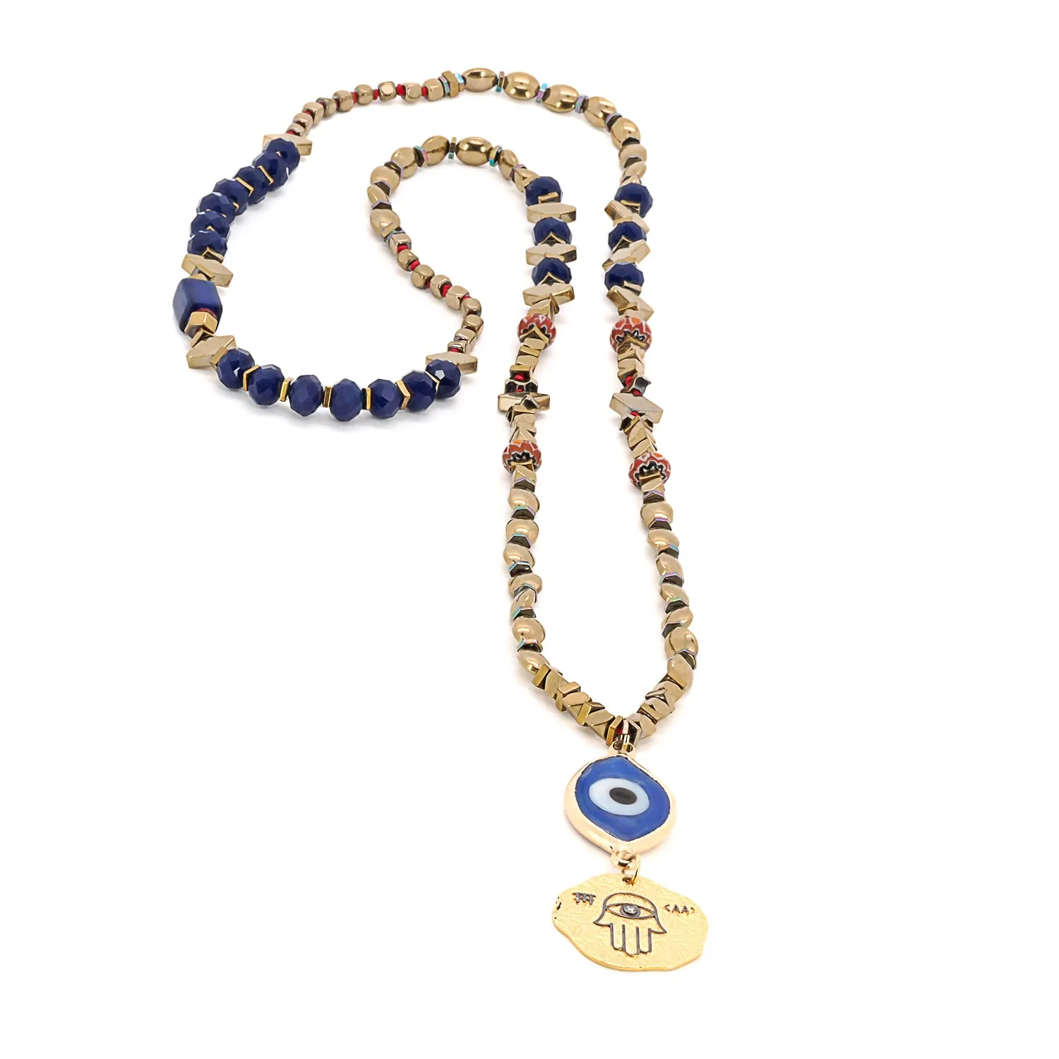 Ceramic Evil Eye Gold Hamsa Pendant Hematite Beaded Necklace